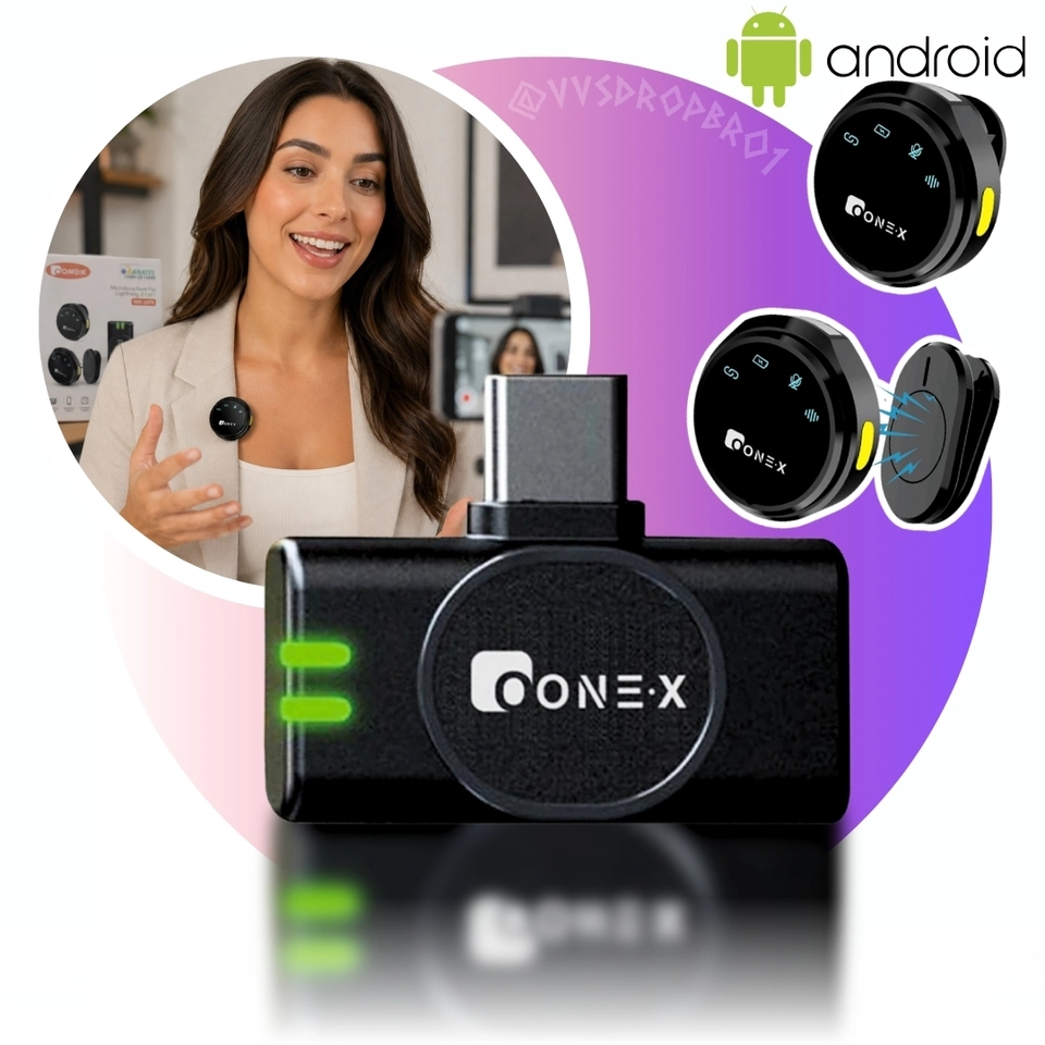 Microfone Lapela Redondo Sem Fio Duplo ONEX Profissional Portátil com Imã Magnético e Redução de Ruído – Tipo-C Compatível com Android e iPhone 15/16/17 para Gravação, Lives e Vídeos