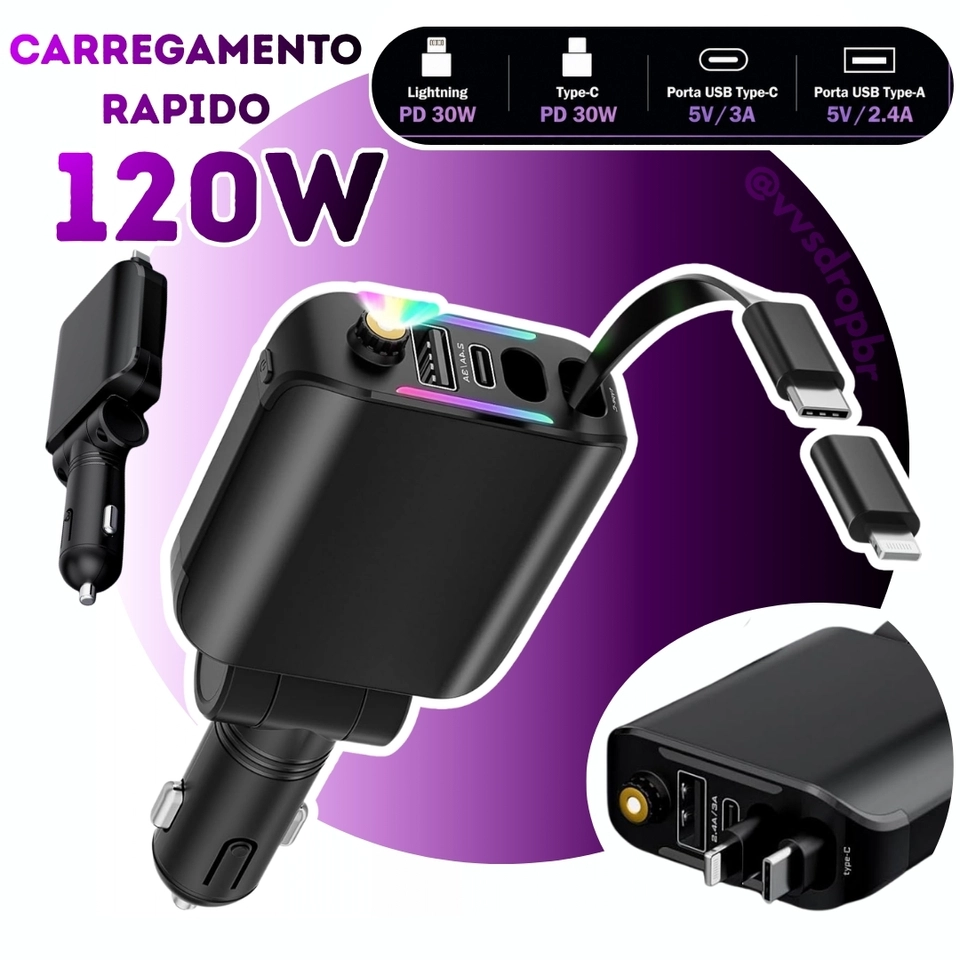 Carregador de Carro 120W USB-C Retrátil - Carga Rápida iPhone 15/14/13, Samsung - Luz LED 12V/24V