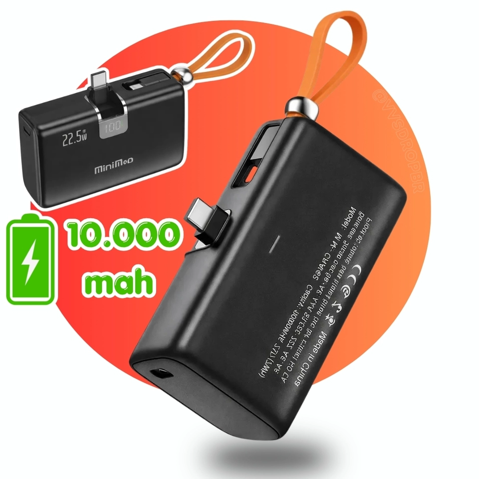 Carregador Portátil Mini Power Bank 10000mAh Com 02 Saídas Tipo-C / Lightning MinimeN