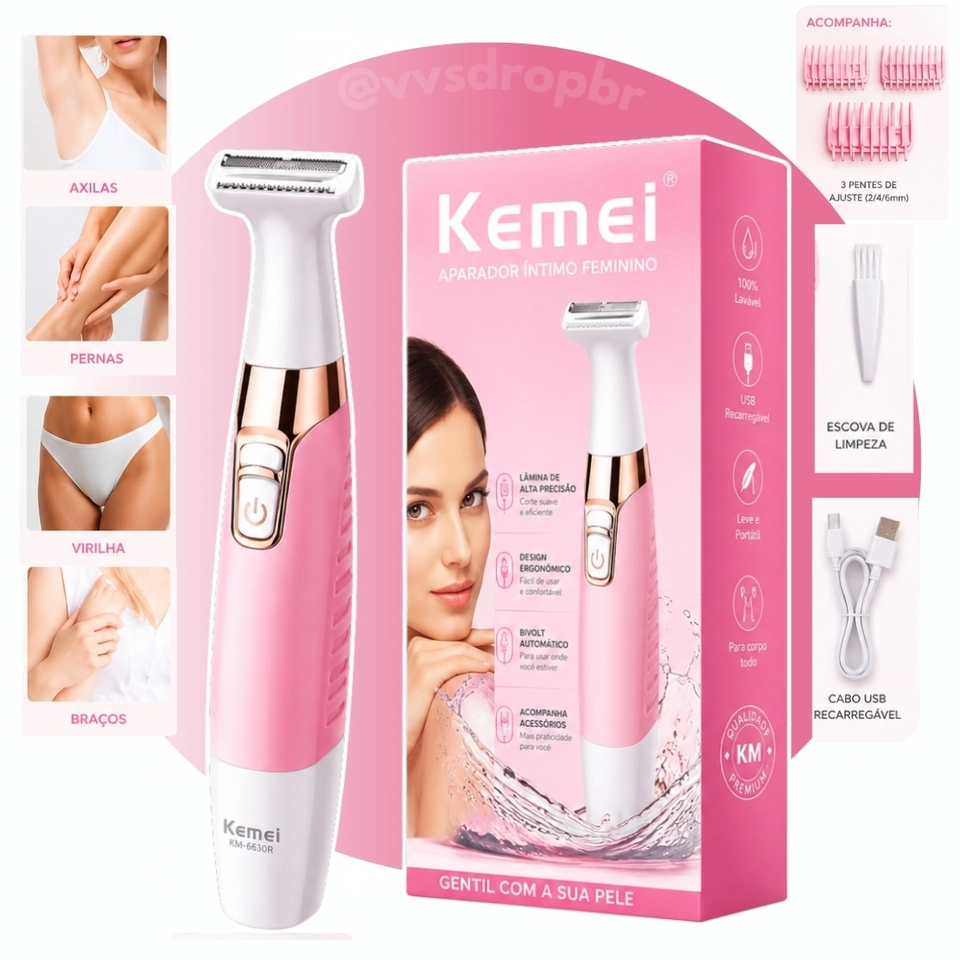 Aparador de Pelos Feminino Kemei KM-1900 3W Recarregável, Lavável e Resistente à Água Sem Fio Portátil Bivolt