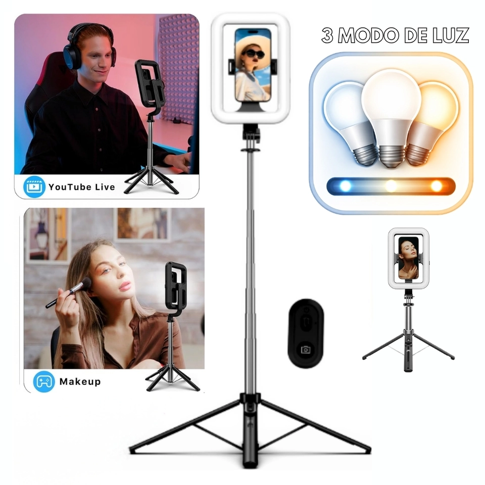 Tripé Ring Light Metros Controle Bluetooth e Suporte Celular