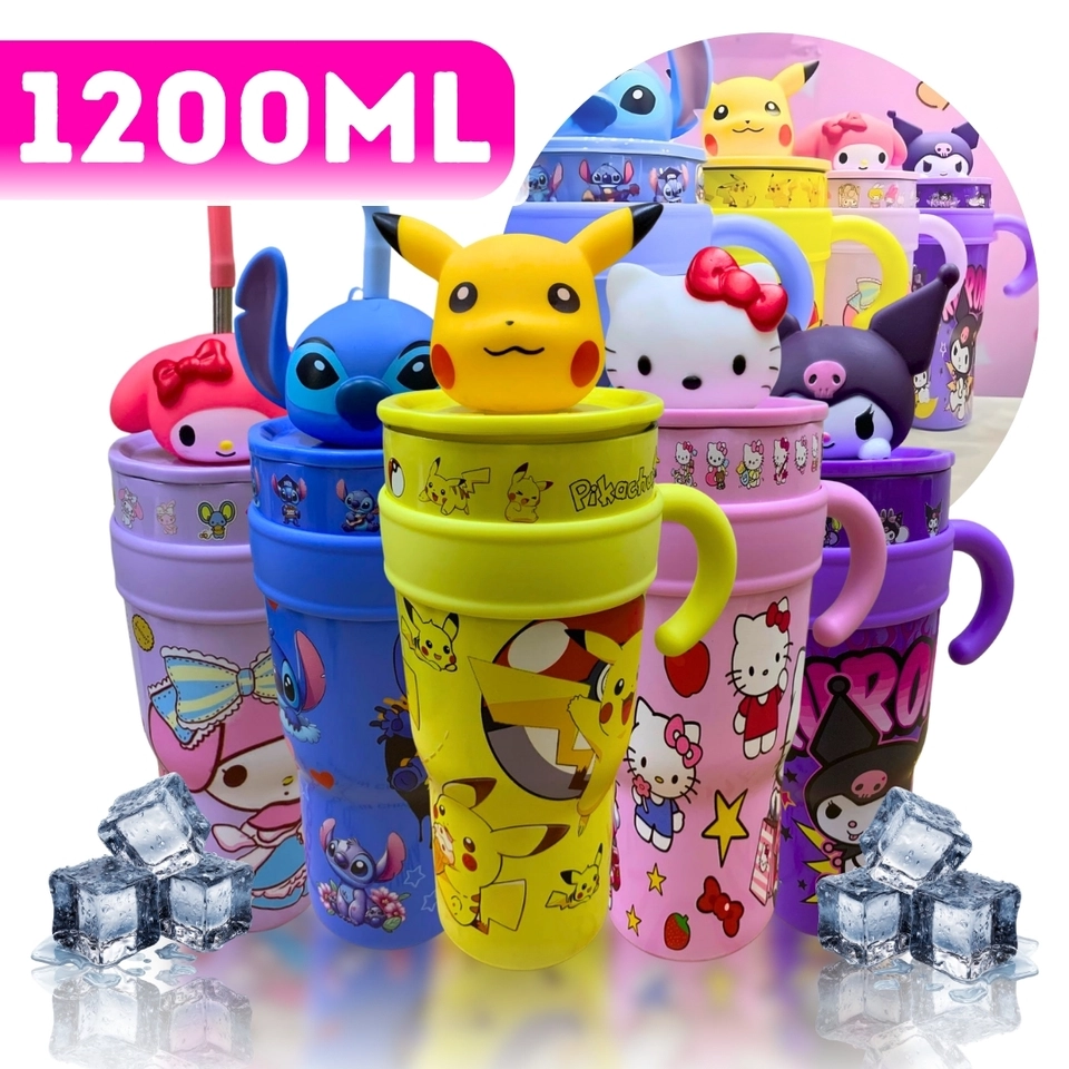 Copo Térmico 1200ml Inox com Canudo Personagens 3D Infantil – Stitch Hello Kitty Pikachu Kuromi