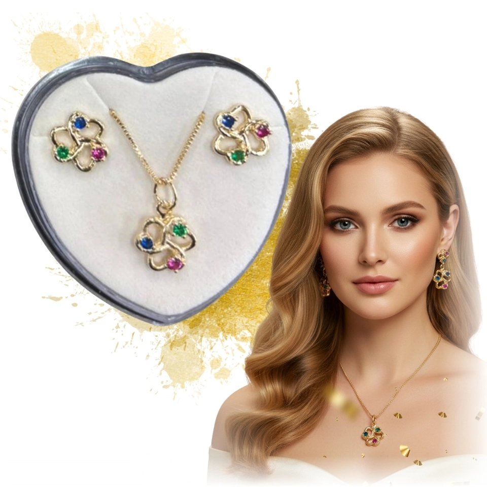Conjunto Trevo Colorido – Colar e Brincos Banhados a Ouro 18k com Pedras Multicoloridas