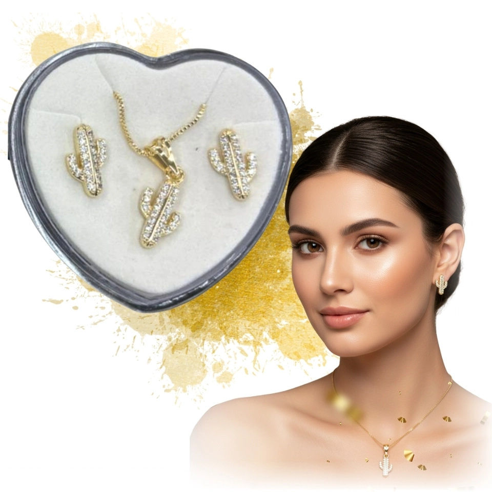 Conjunto Cacto Dourado – Colar e Brincos Banhados a Ouro 18k com Zircônias