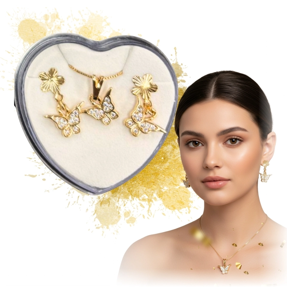 Conjunto Borboleta Radiante – Colar e Brincos Banhados a Ouro 18k com Zircônias