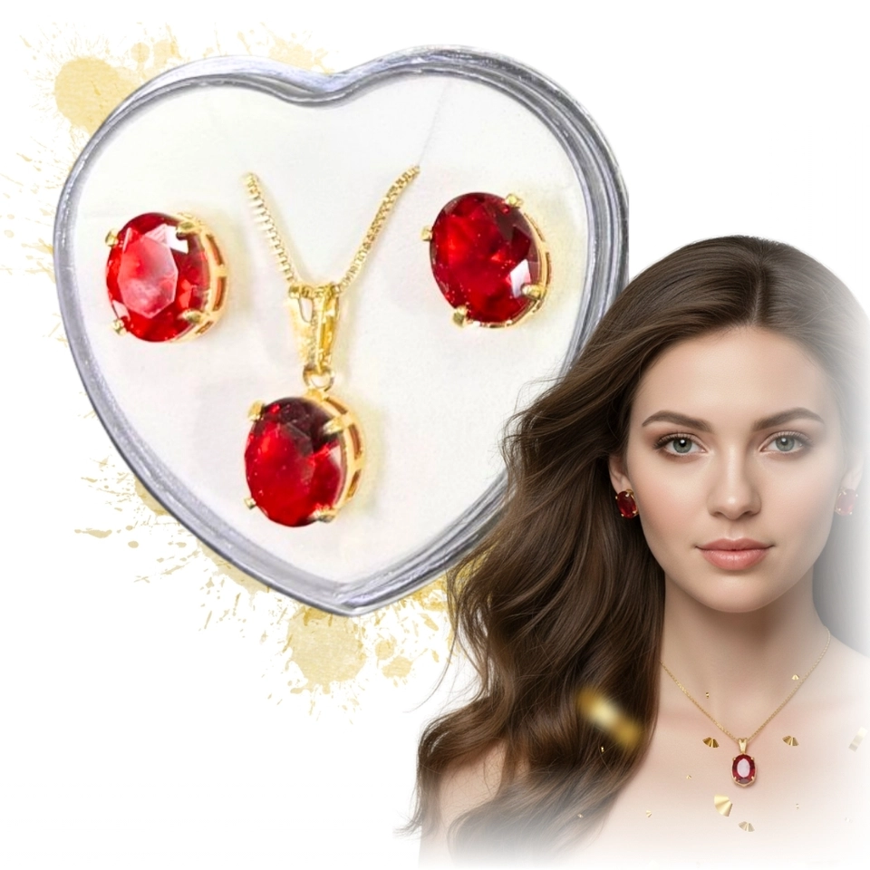 Conjunto Rubi Luxo Premium – Colar e Brincos Banhados a Ouro 18k com Pedra Rubi Oval