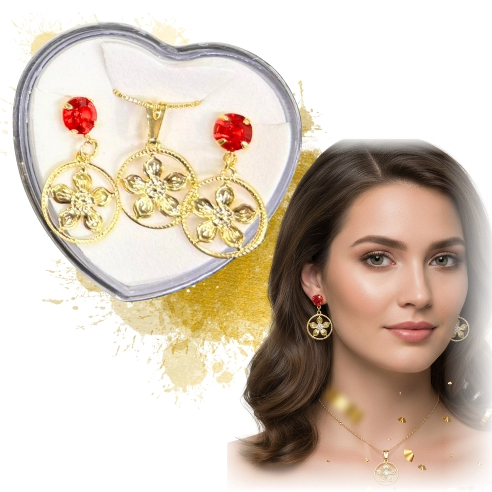 Conjunto Flor Radiante – Colar e Brincos Banhados a Ouro 18k com Pedra Vermelha e Detalhe Floral