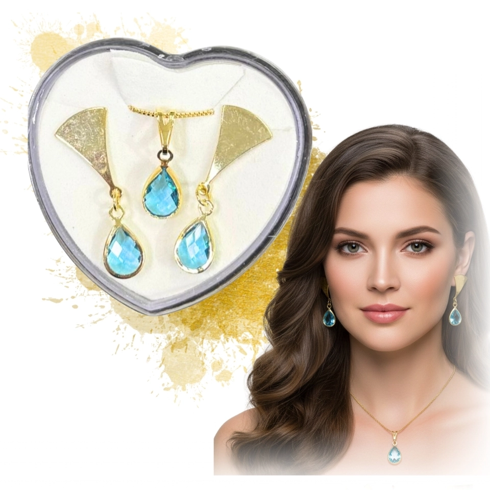 Conjunto Gota Azul Safira – Joias Banhadas a Ouro 18k com Pedra Azul em Gota