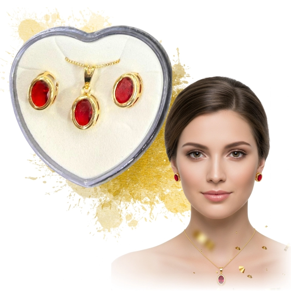 Conjunto Rubi Clássico – Colar e Brincos Banhados a Ouro 18k com Pedra Vermelha Oval