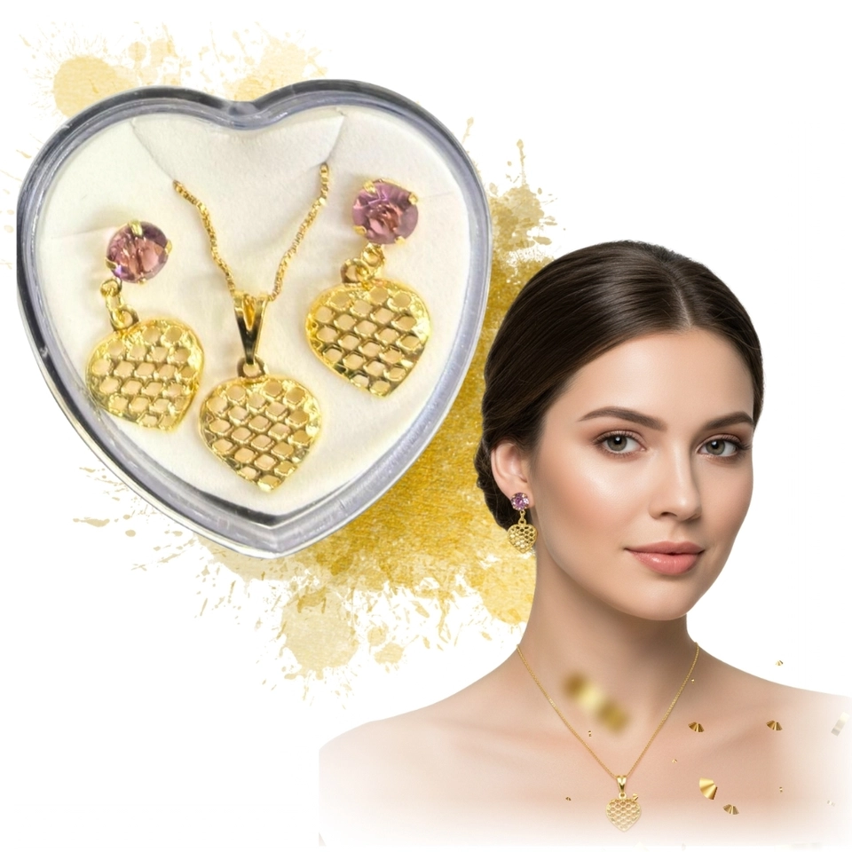 Conjunto Coração Luxo – Colar e Brincos Banhados a Ouro 18k com Pedra Roxa