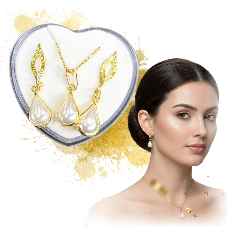 Conjunto Pérola Elegance – Colar e Brincos Banhados a Ouro 18k com Pérola Gota