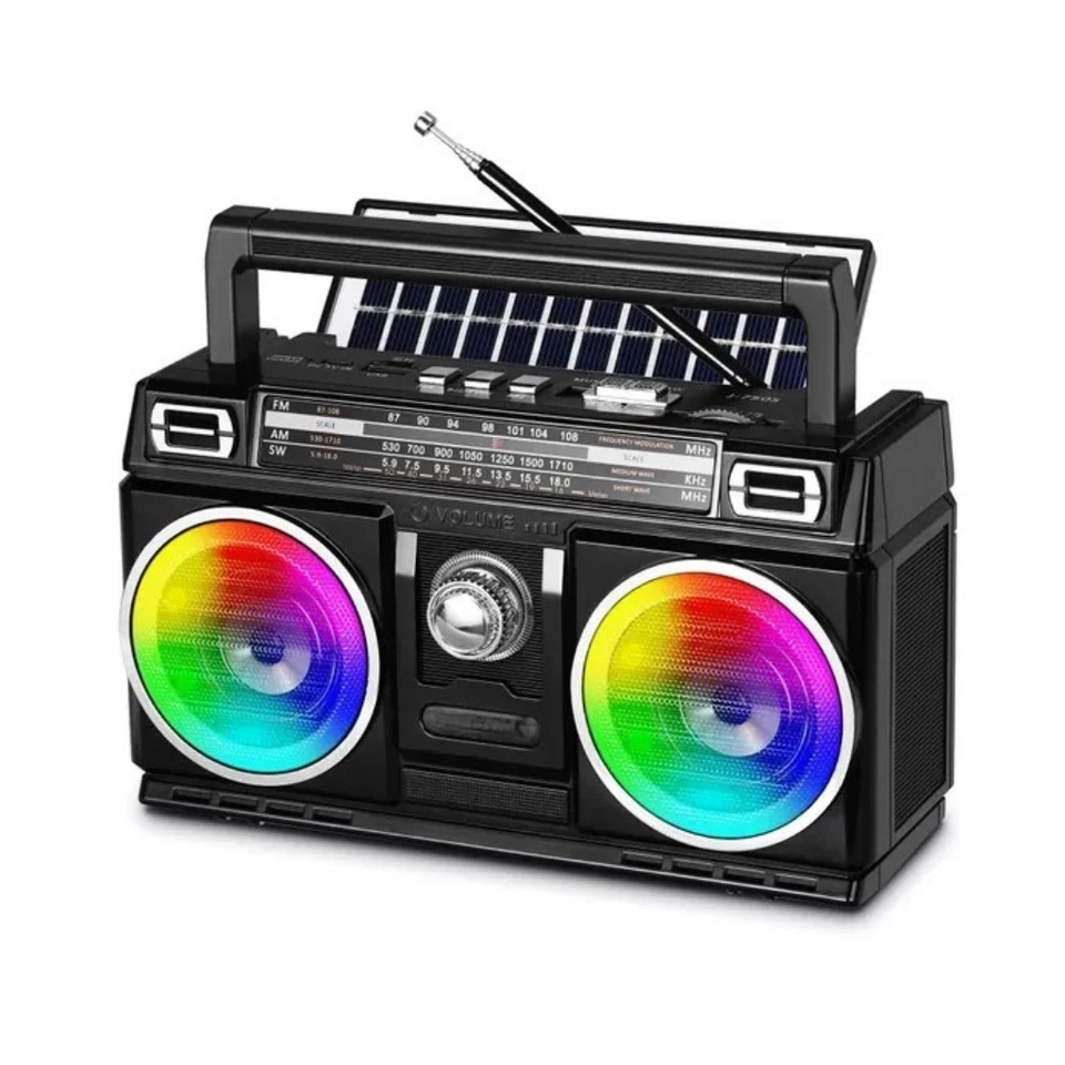Caixa de Som Portátil com Rádio Retrô 4 Bandas, USB/TF e RGB de Luz LED