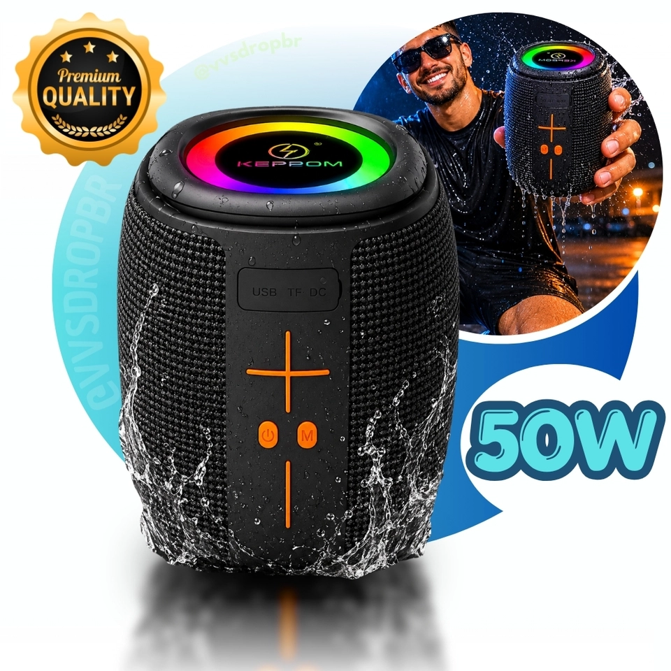 Caixa de som portátil Bluetooth Kapbom KA-8596 50W TWS LED/USB/SD/FM com graves potentes
