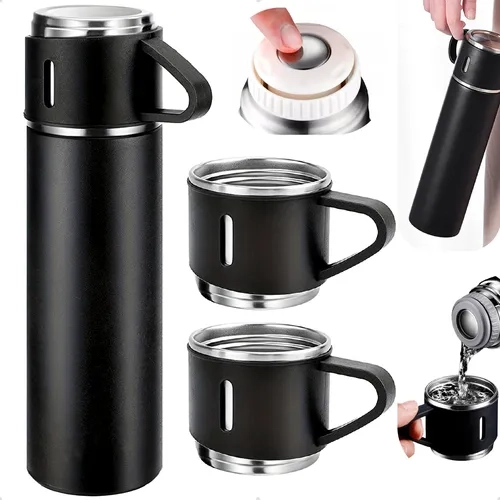Garrafa Térmica Parede Dupla 500ml Antivazamento Aço Inox Com Kit 3 Xícara Café Agua Suco Bebidas Quentes E Frias