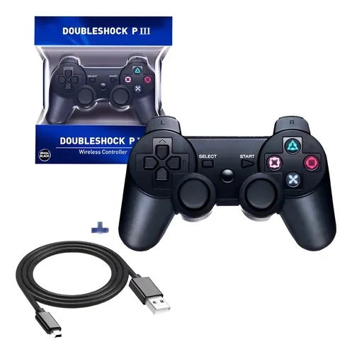 Controle Sem Fio Joystick Para Ps3 + Cabo Carregador Preto