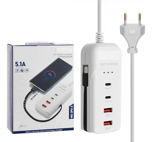 Carregador Turbo Universal USB Tipo C 66W Ultra Rápido 5.1A 2x Portas USB 2 Portas Tipo C 1 Cabo Tipo C Extensão Com Cab