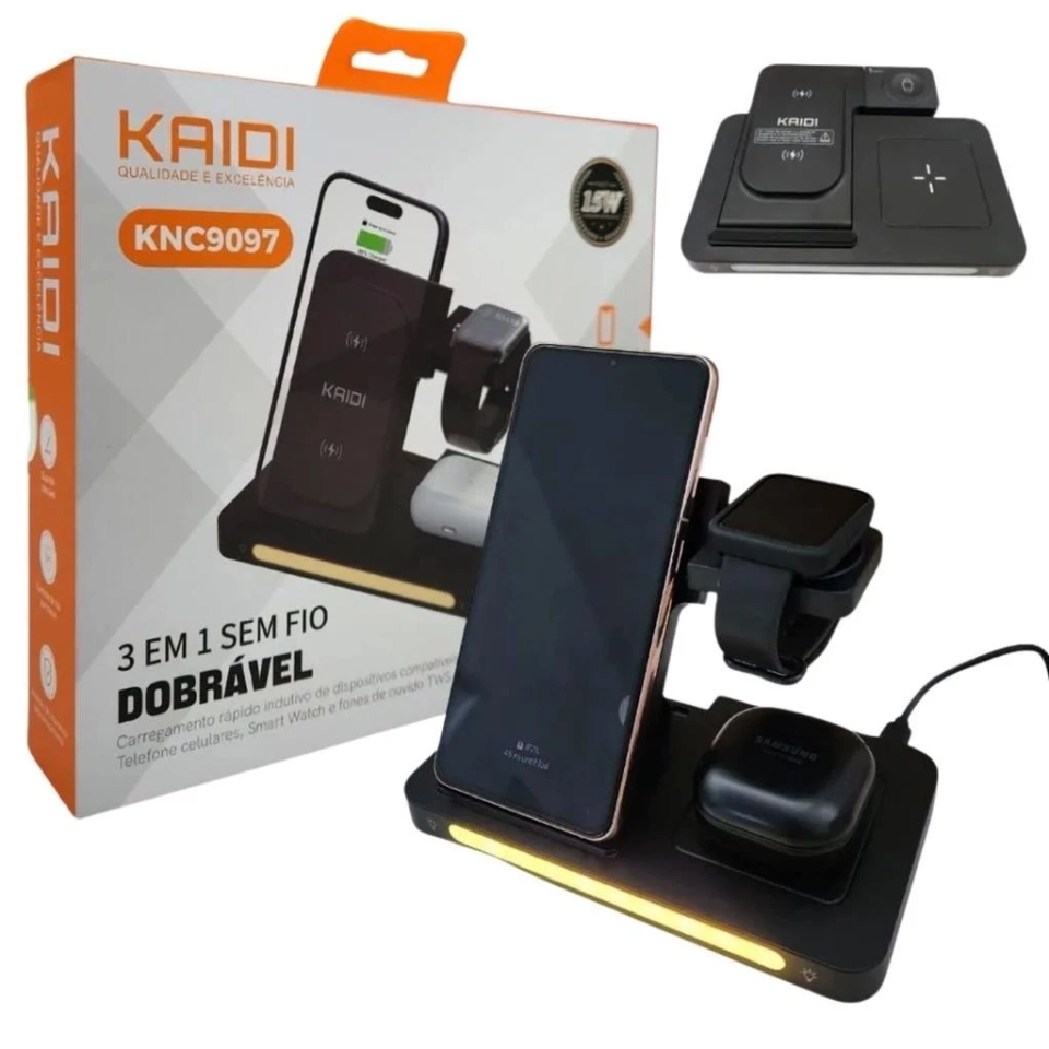 Suporte Carregador Indução Kaidi KNC-9097 Sem Fio 3 Em 1 Dock Station P/ Celular Smartwatch e Fone
