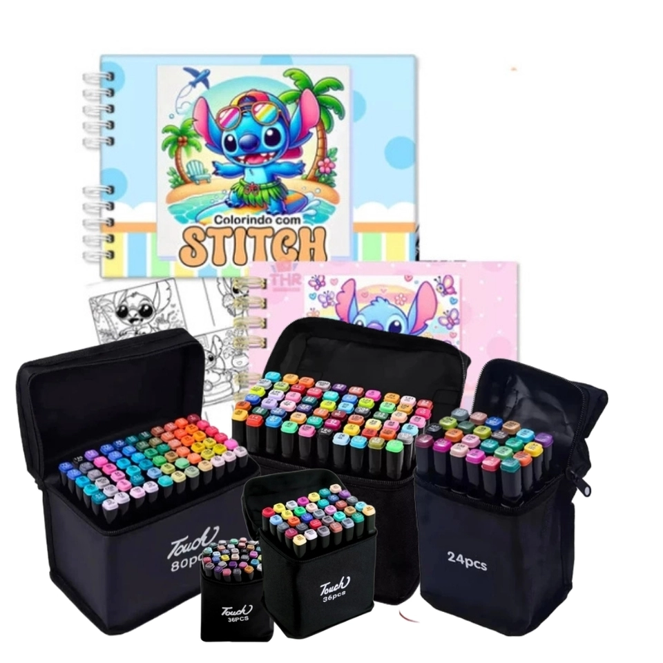 Kit Livro De Colorir Stitch + Canetinhas Coloridas Touch Marca Texto, Ponta Dupla (0,1mm e 6,0mm) – Traços Finos e Áreas Grandes
