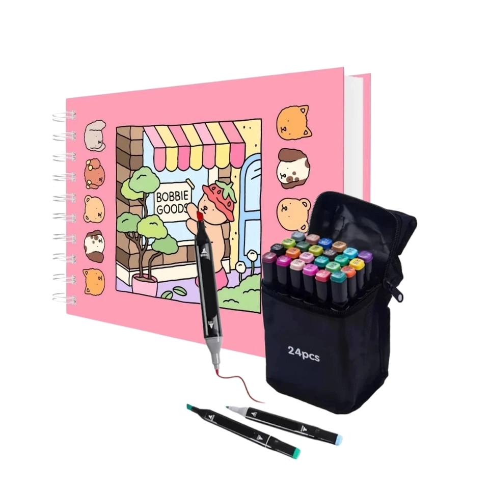 Kit Livro 24 Canetinhas Para Colorir Com Ponta Dupla Capa Dura