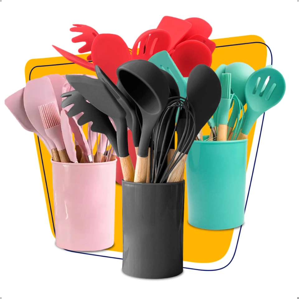 Kit C/12 Peças Utensílios De Cozinha Colheres Espatula Silicone Cabo Madeira Decoração Livre BPA