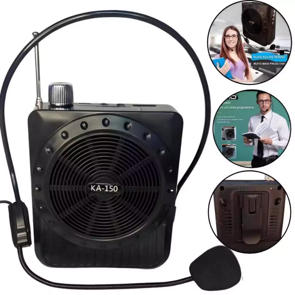 Rádio Megafone Amplificador Voz Multifunções Usb Fm Caixinha Cintura Usb Microfone Professores Palestrantes