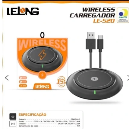 Carregador Sem Fio Por Indução de Carregamento Rápido Estavel 15W Wireless LeLong LE-520