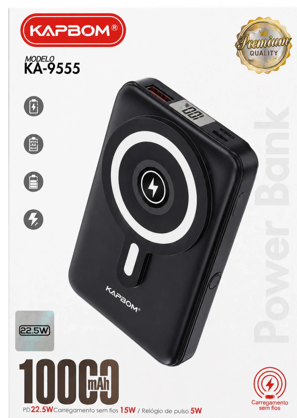 POWER BANK 10.000 MAH COM CARREGAMENTO POR INDUÇÃO E CABOS EMBUTIDOS - KA-9555 - KAPBOM
