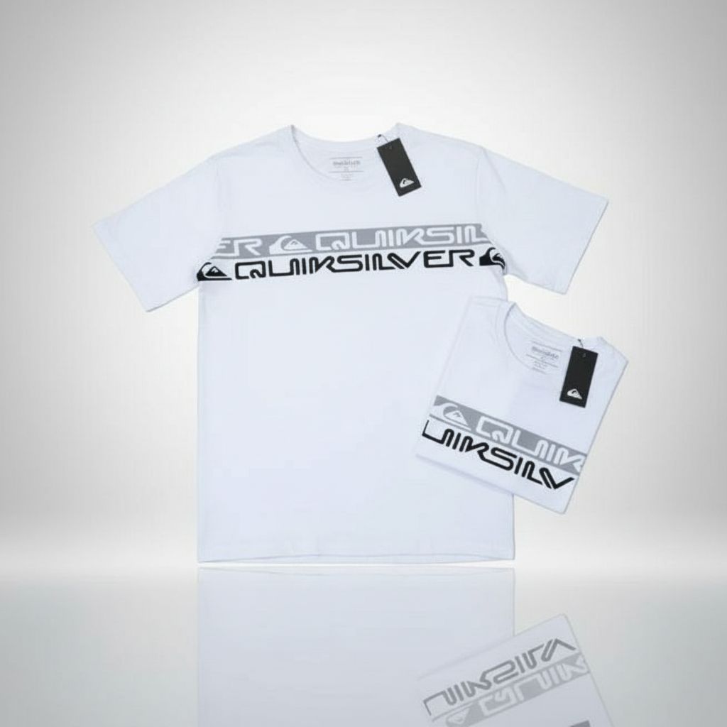 Camiseta Quiksilver Branca com Estampa Horizontal Cinza e Preta