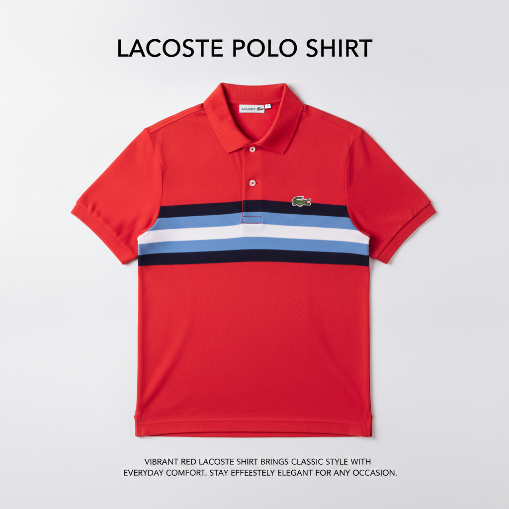 camiseta polo LACOSTE Heritage - corpo vermelho, faixa horizontal no peito com