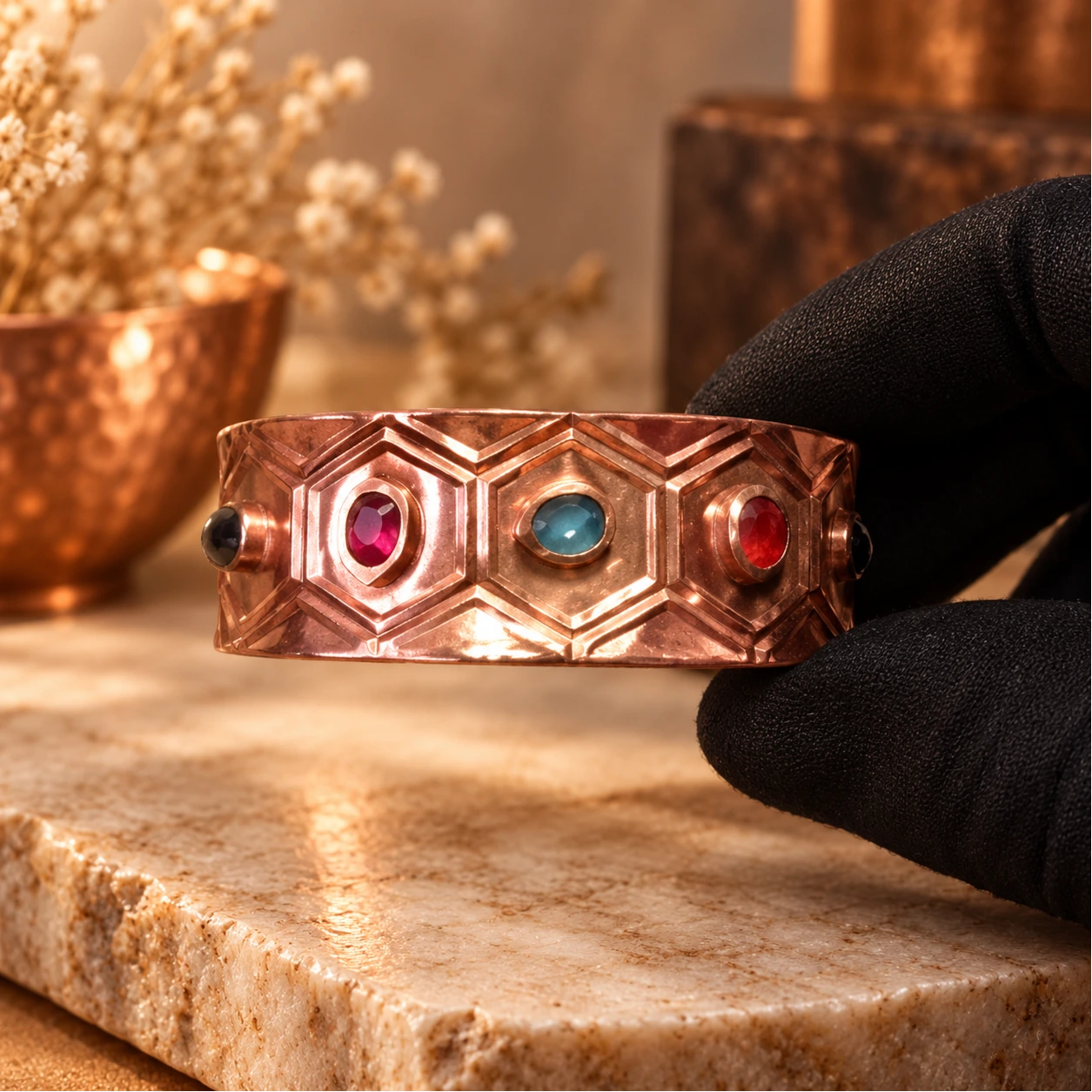 Bracelete Cobre puro com pedras zircônias navetes