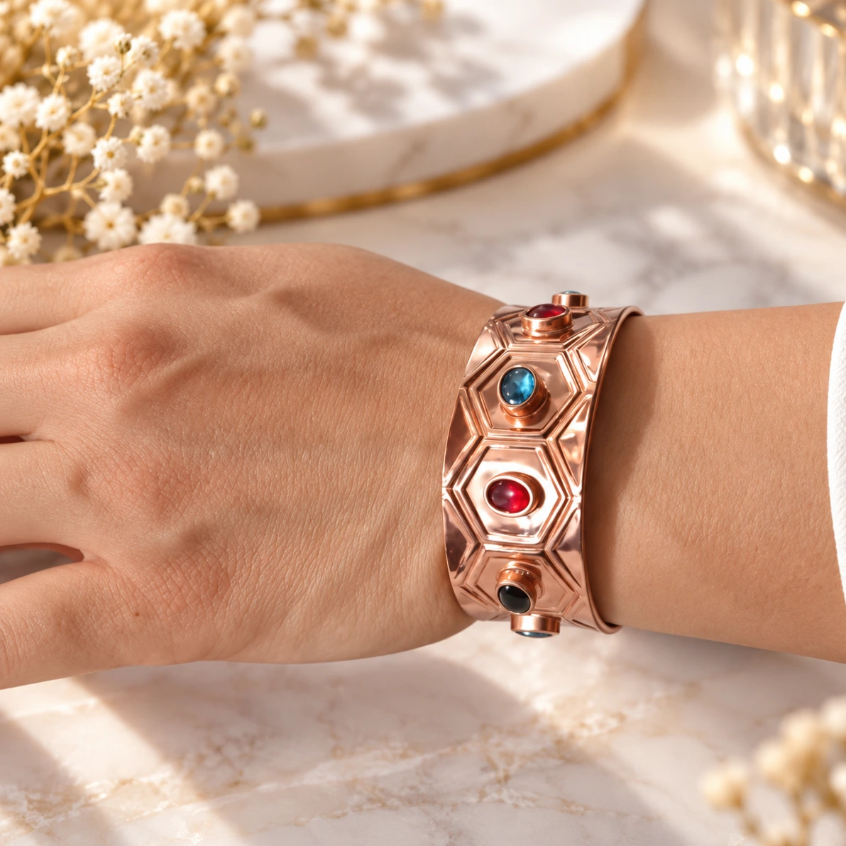 Bracelete Cobre puro com pedras zircônias navetes