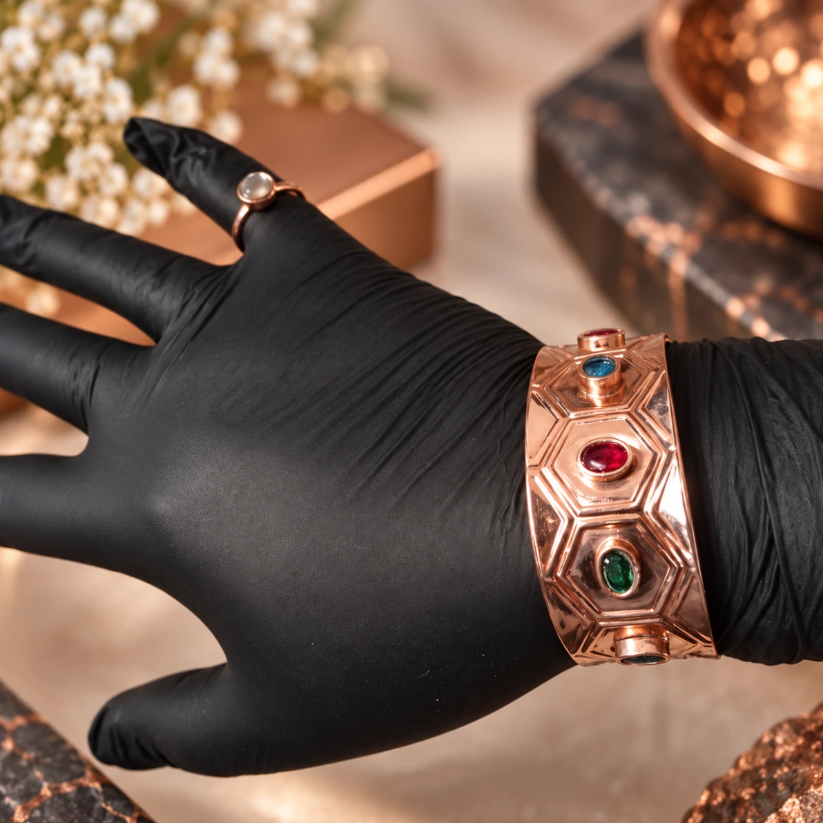 Bracelete Cobre puro com pedras zircônias navetes