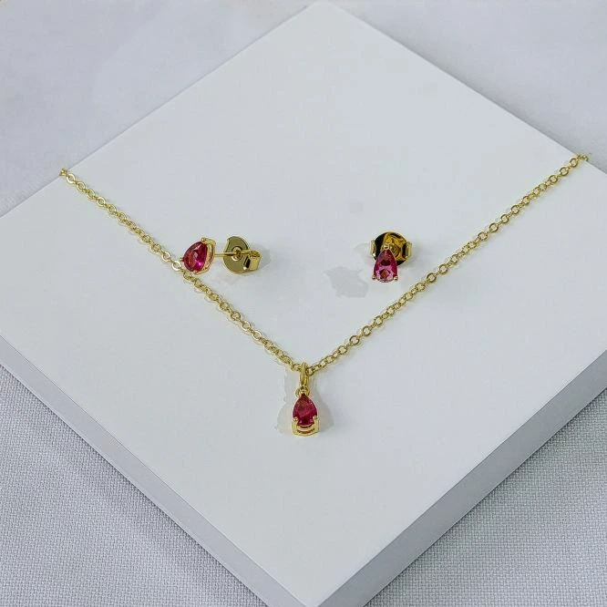 Conjunto dourado gota rosa