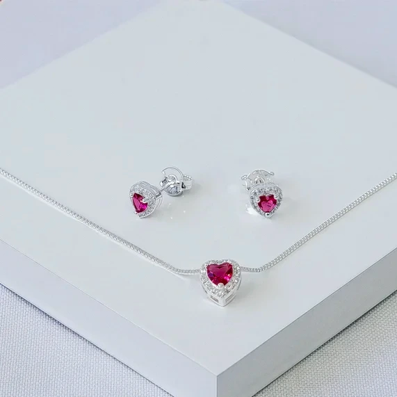 Conjunto prata coração rosa