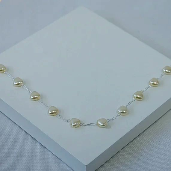 Choker prata coração de pérolas