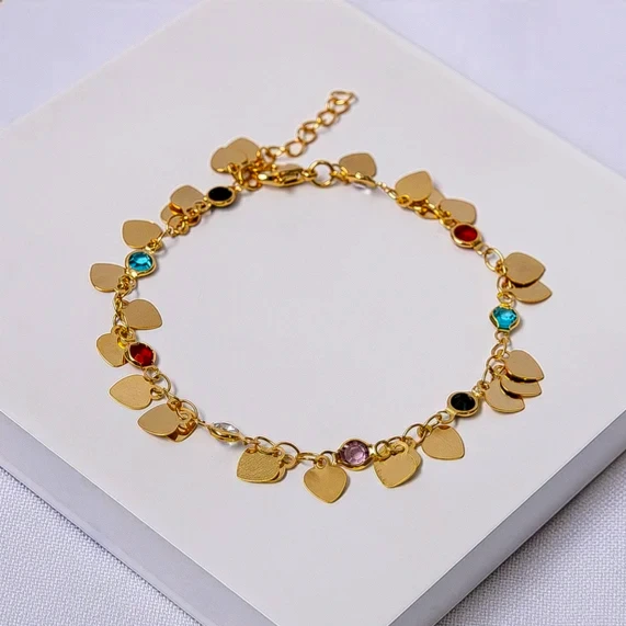 Pulseira dourada corações com cristais coloridos