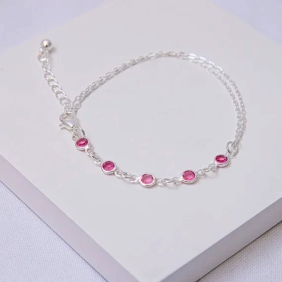 Pulseira prata elos duplos com cristais rosa