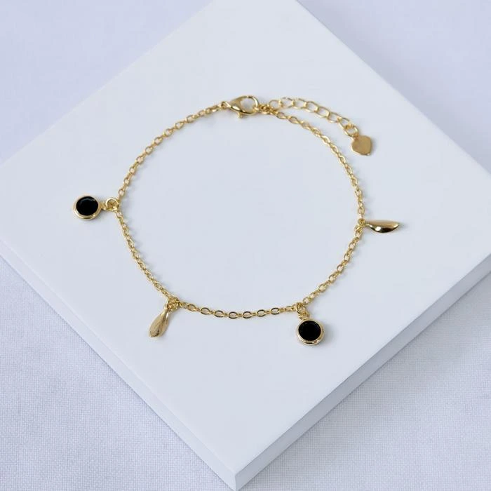 Pulseira dourada pedra preta e folhinhas