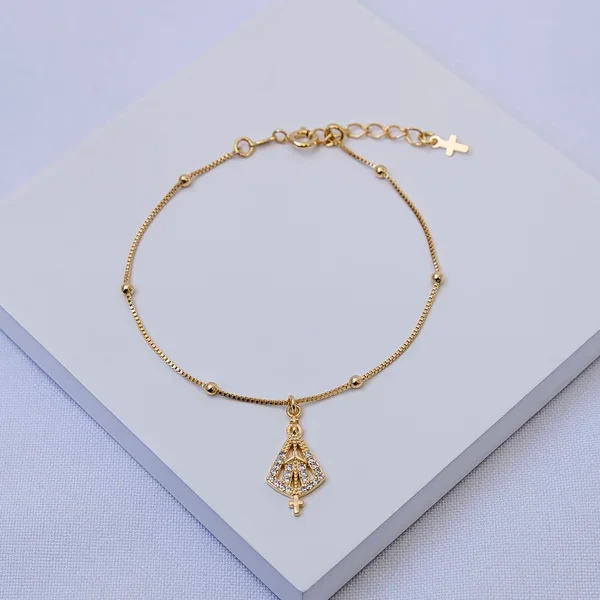 Pulseira dourada bolinhas e Nossa Senhora Aparecida cravejada