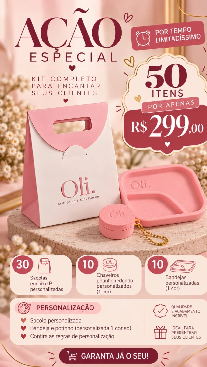 Ação Promocional - PAPELARIA + 3D : 30 Sacolas P + 10 Chaveiros Potinho + 10 Bandejinhas