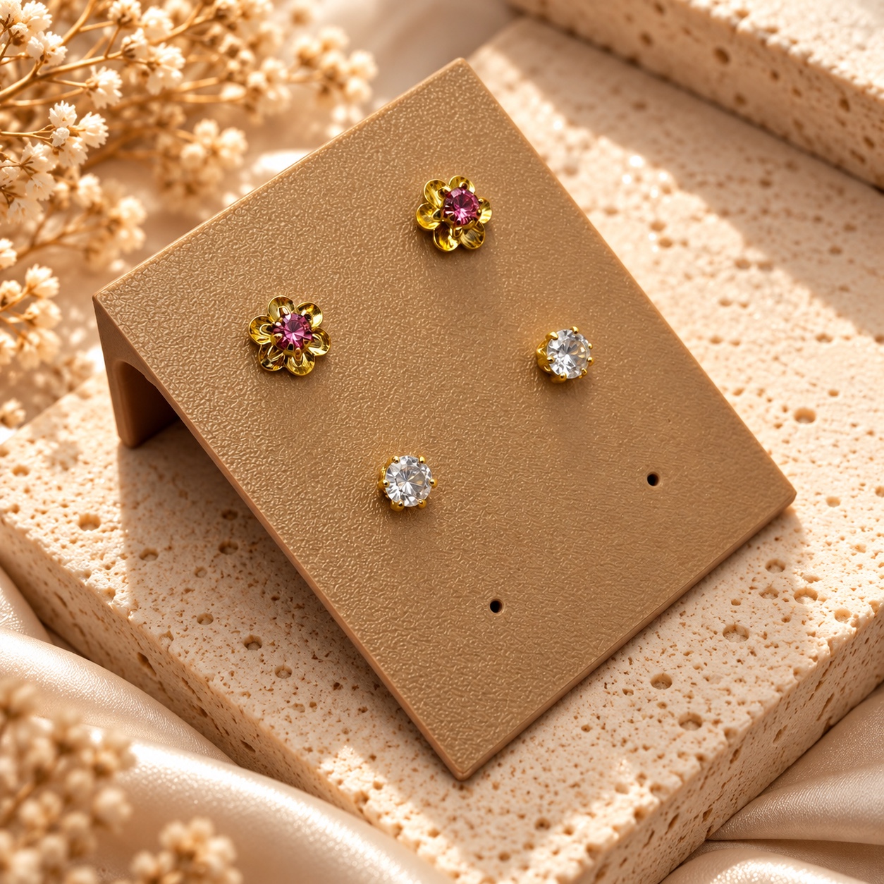 Dupla de brinco dourado ponto de luz e flor rosa