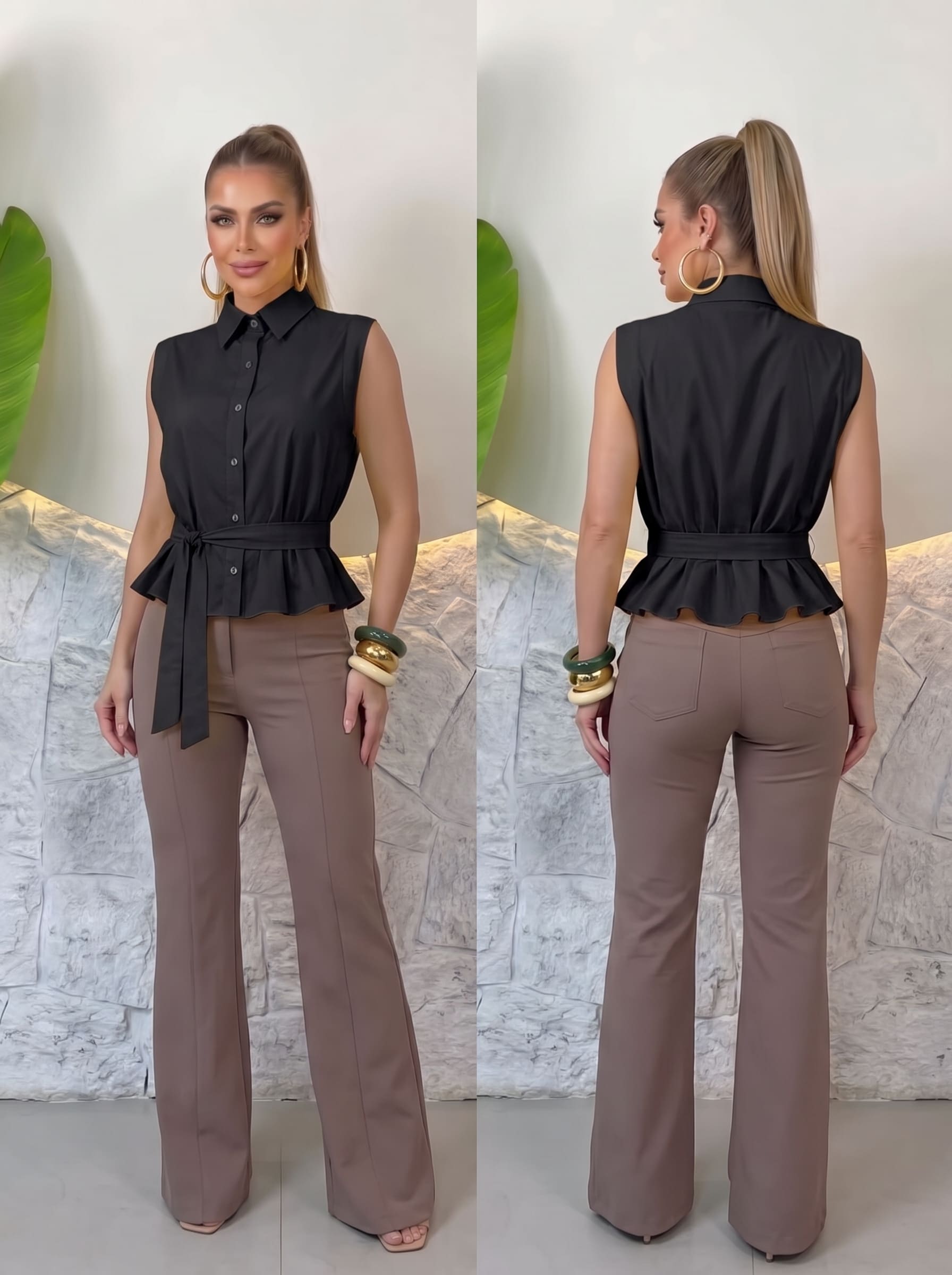 Blusa Tricoline com Peplum e Faixa