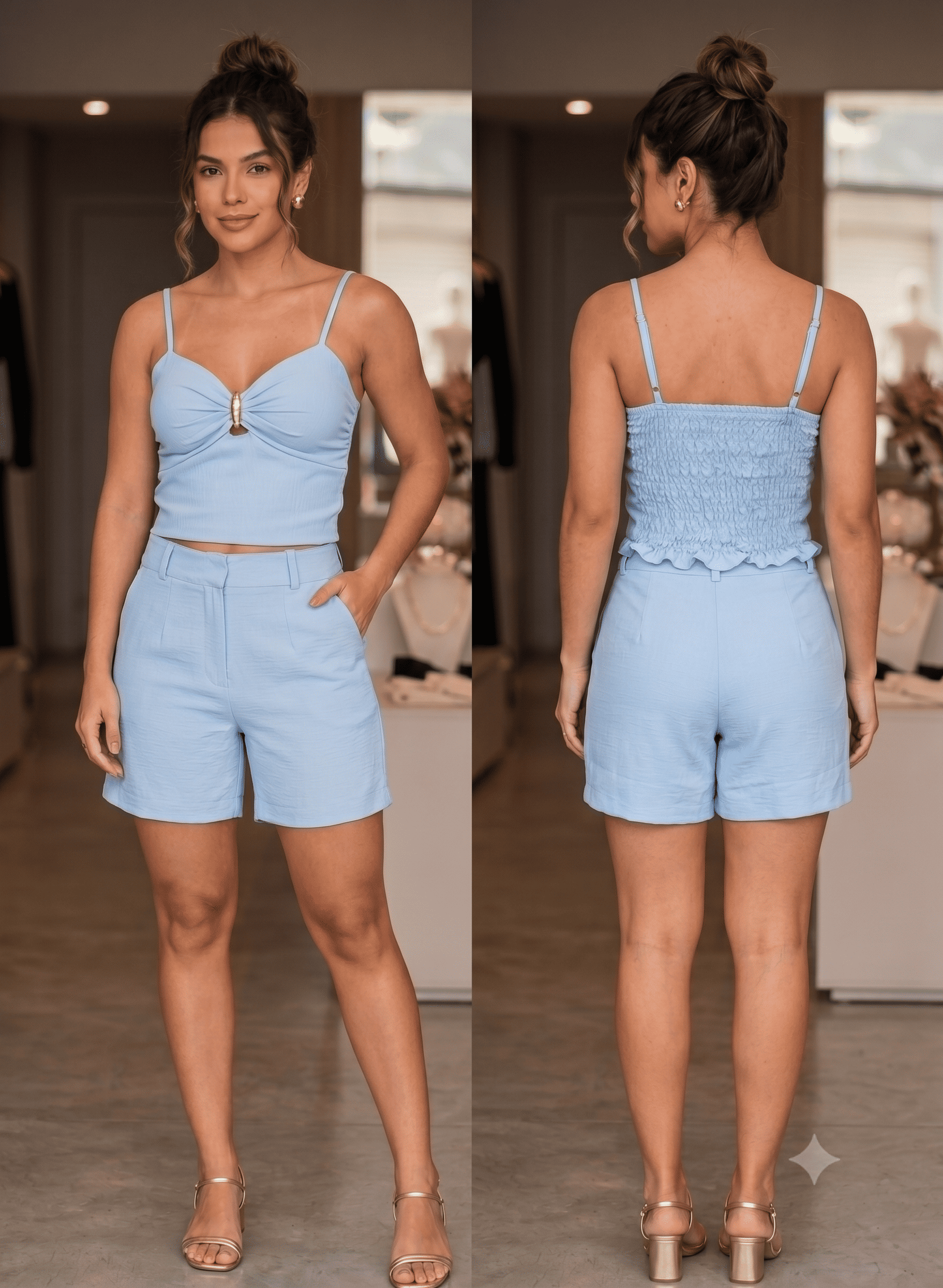 Cropped Feminino Alça Fina com Lastex e Detalhe em Metal