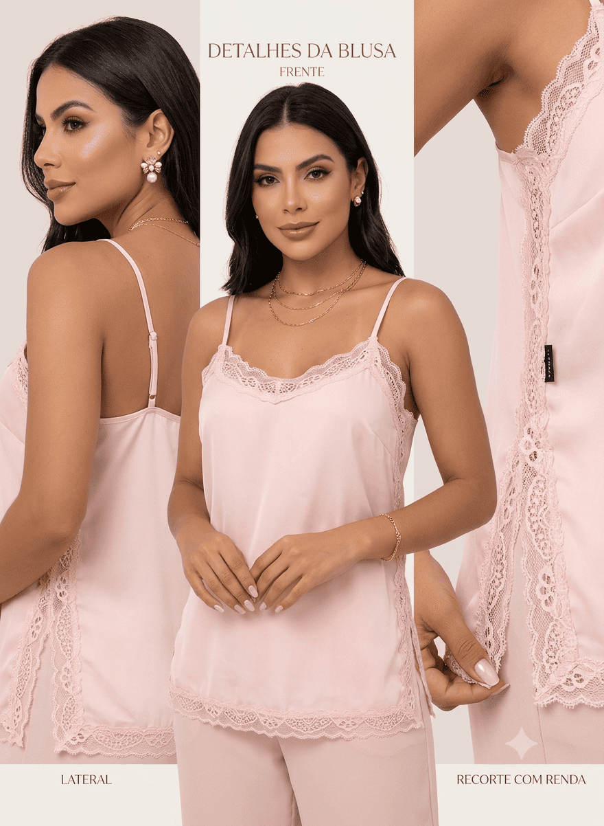 Blusa De Alça Musseline Com Renda Premium E Recorte Lateral Fluida