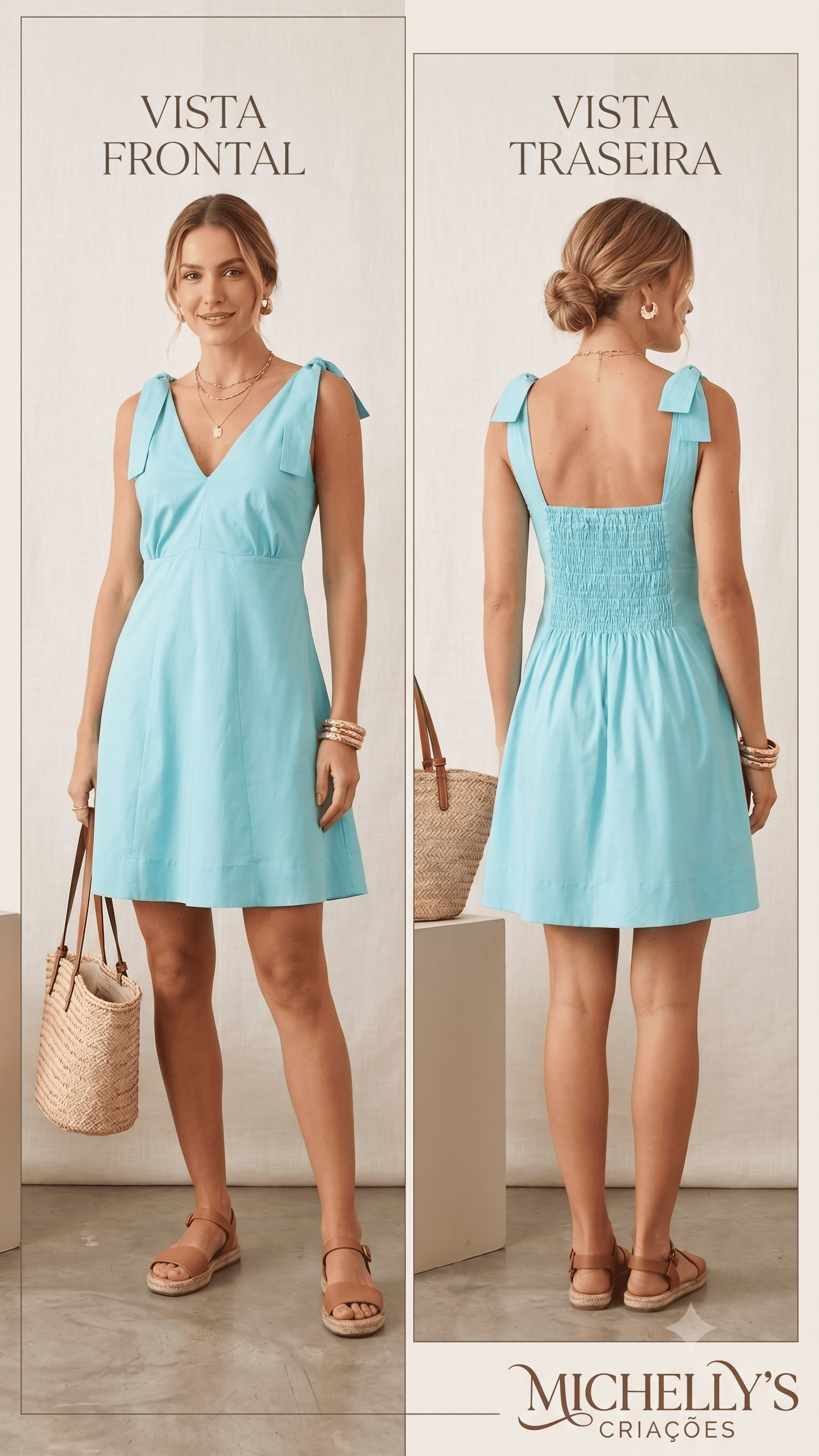 Vestido Feminino Tricoline Curto Alça Amarração e Lastex nas Costas
