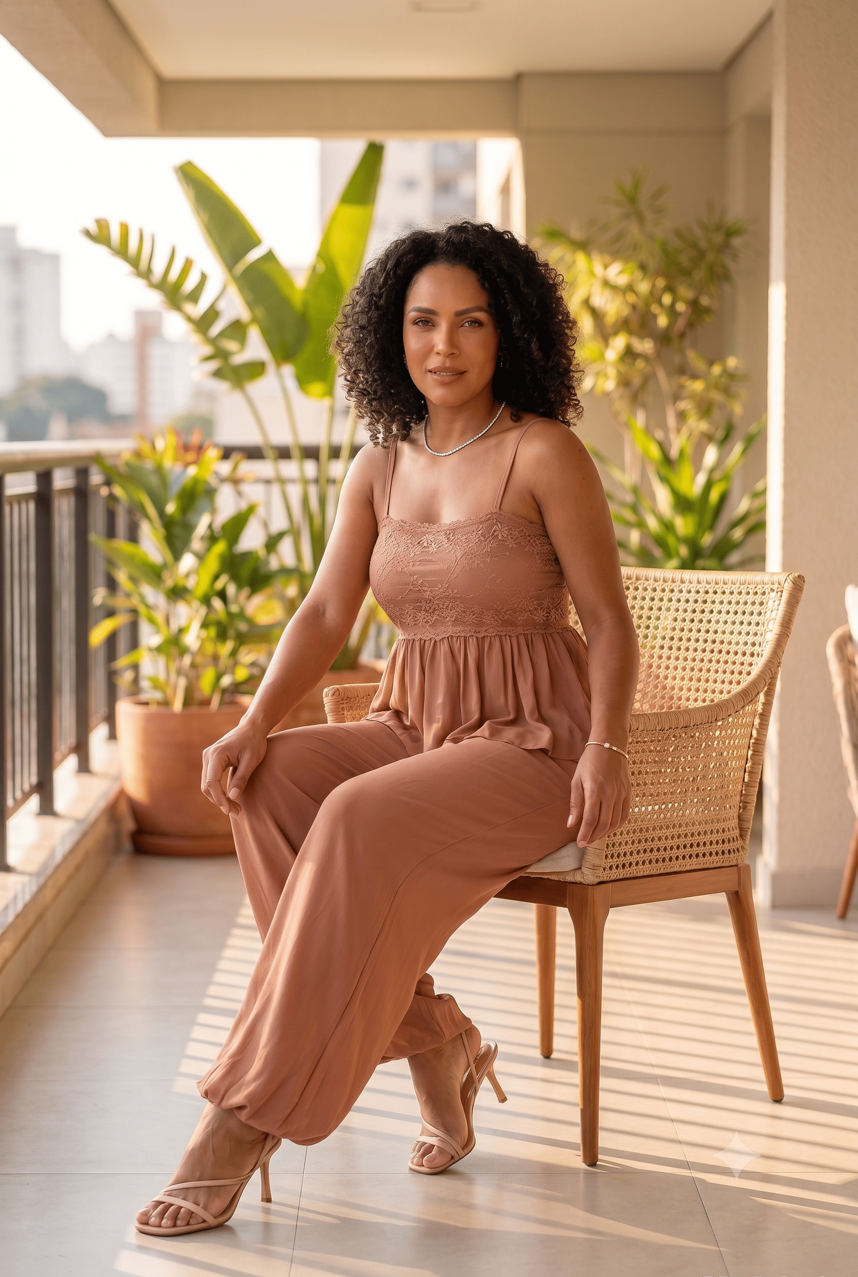 Conjunto Pantalona Peplum em Renda e Chiffon