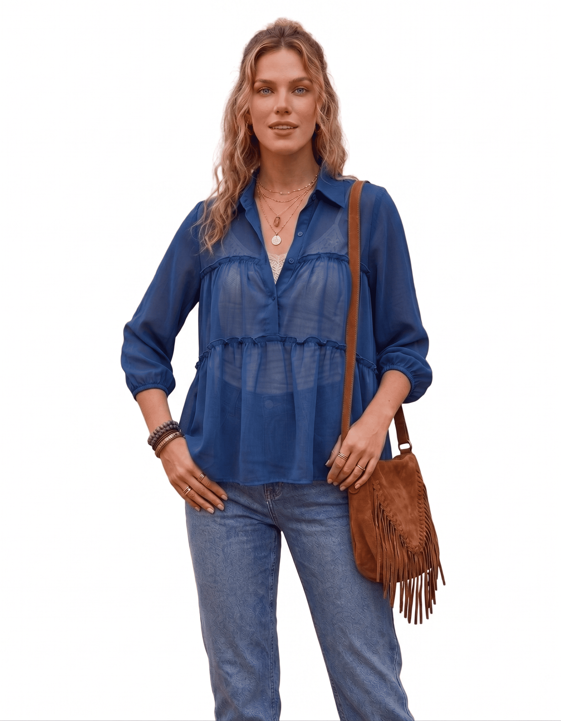 Blusa de Musseline Manga Bufante 3/4 com Ruffle Frontal