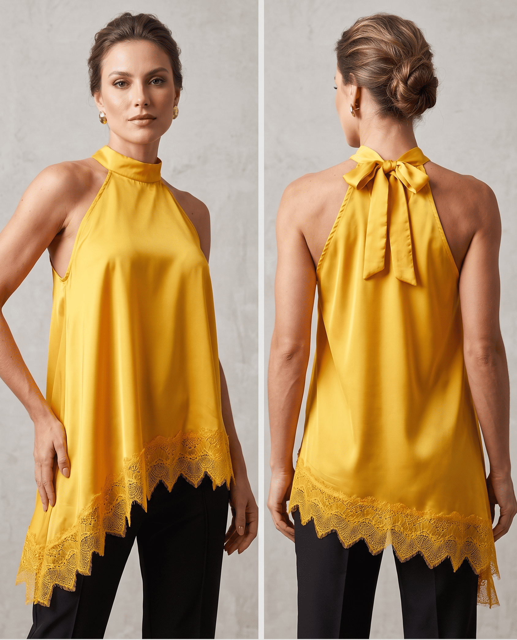 Blusa Gola Alta Assimétrica com Barra em Renda – Elegância Fluida