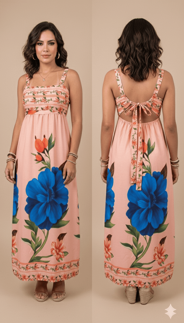 Vestido Longo Floral com Amarração nas Costas – Tecido Crepe Sedinha Premium