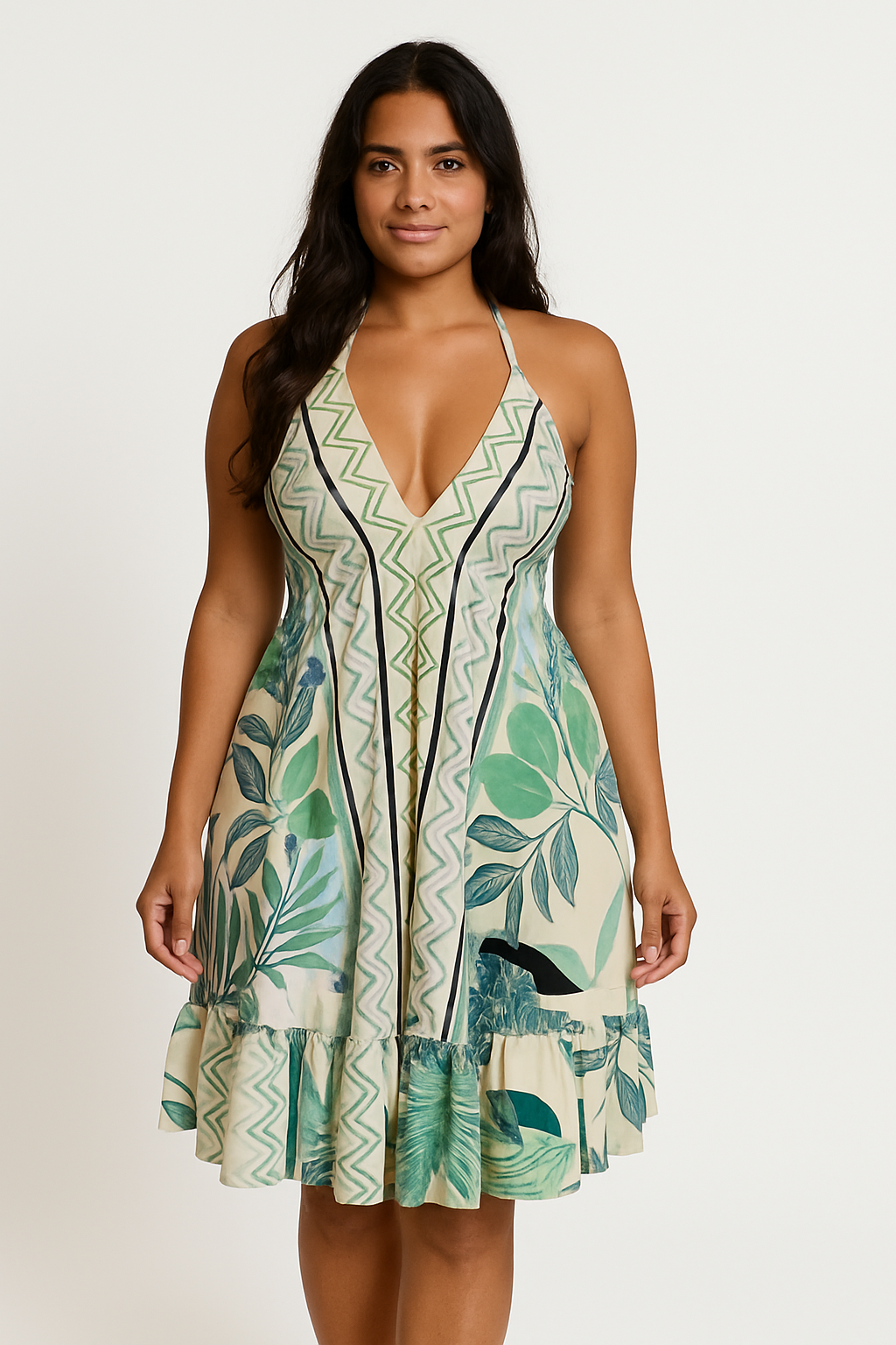 Vestido Midi com Babados na Barra e detalha em alsa de rolite.